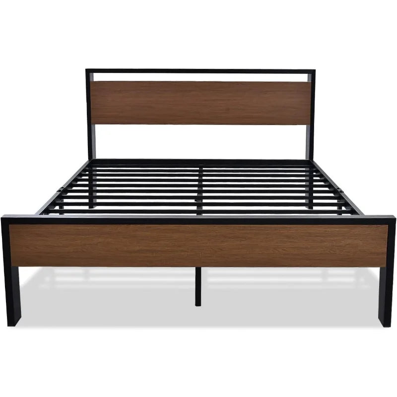 14 Inch Queen Size Metal Platform Bed Frame with Wooden Headboard and Footboard