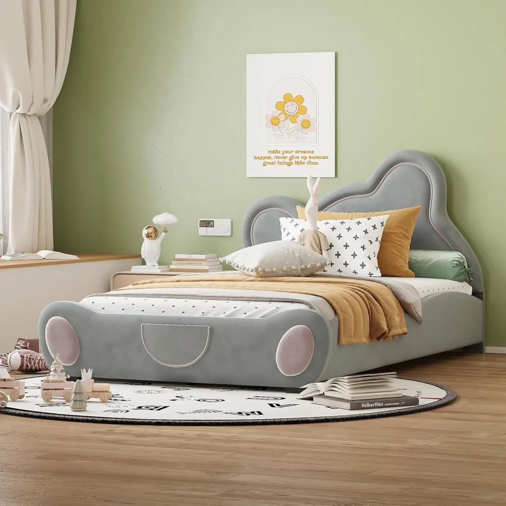 Bear Bed Bed for Kids - Velvet Platform Bed with Bear Shaped Headboard & Bed-End Pocket