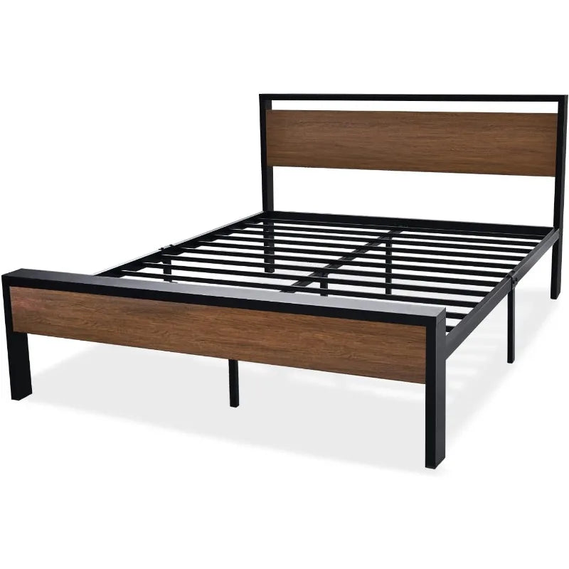 14 Inch Queen Size Metal Platform Bed Frame with Wooden Headboard and Footboard
