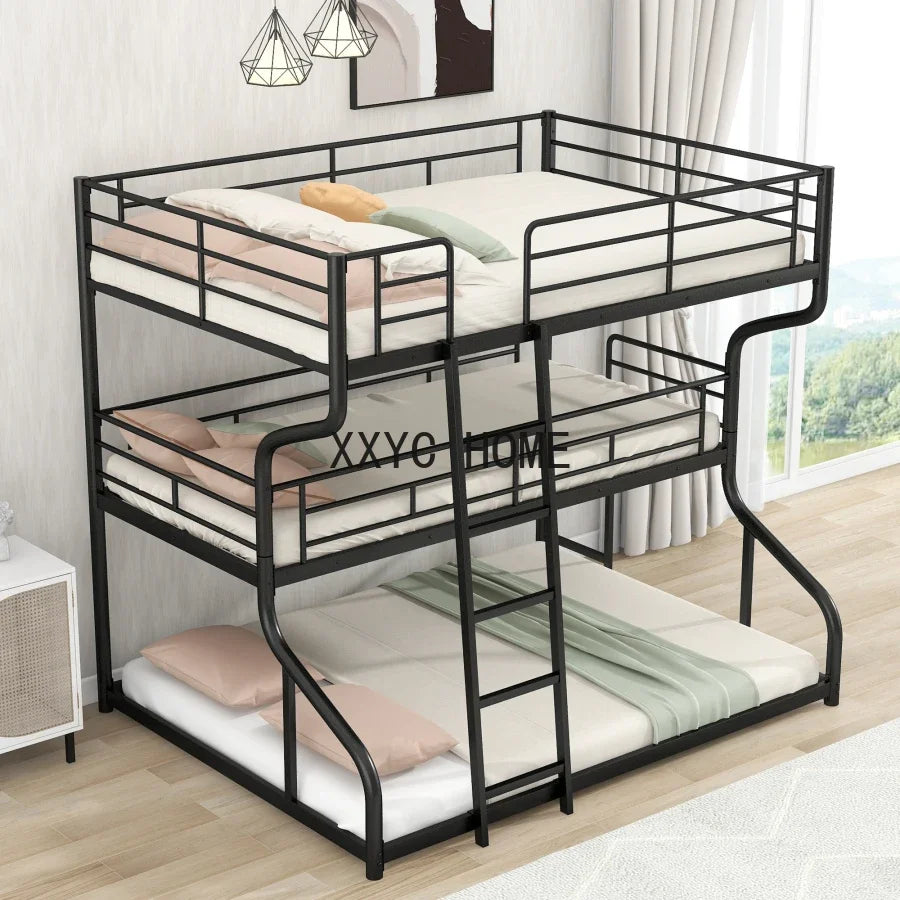 Full XL over Twin XL over Queen Size Triple Bunk Bed with Safety Guardrail and Ladder With Metal Frame