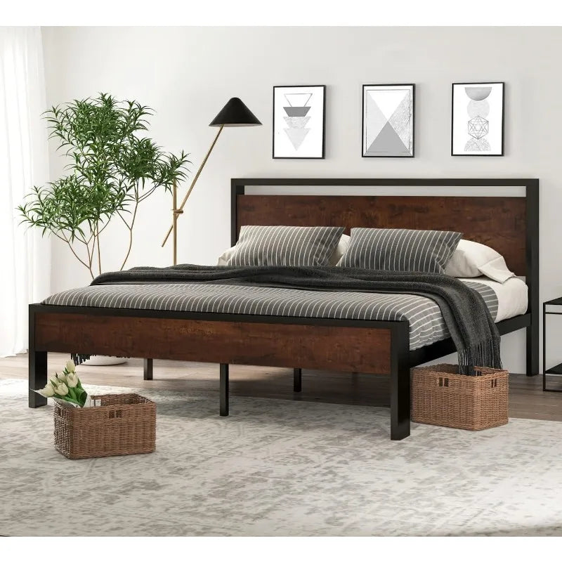 14 Inch Queen Size Metal Platform Bed Frame with Wooden Headboard and Footboard