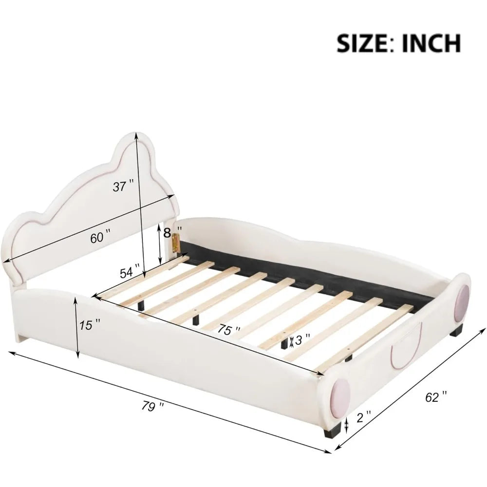 Bear Bed Bed for Kids - Velvet Platform Bed with Bear Shaped Headboard & Bed-End Pocket