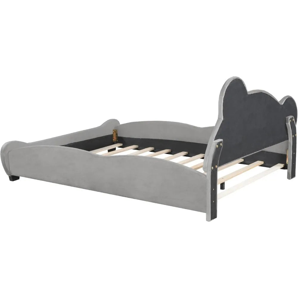 Bear Bed Bed for Kids - Velvet Platform Bed with Bear Shaped Headboard & Bed-End Pocket