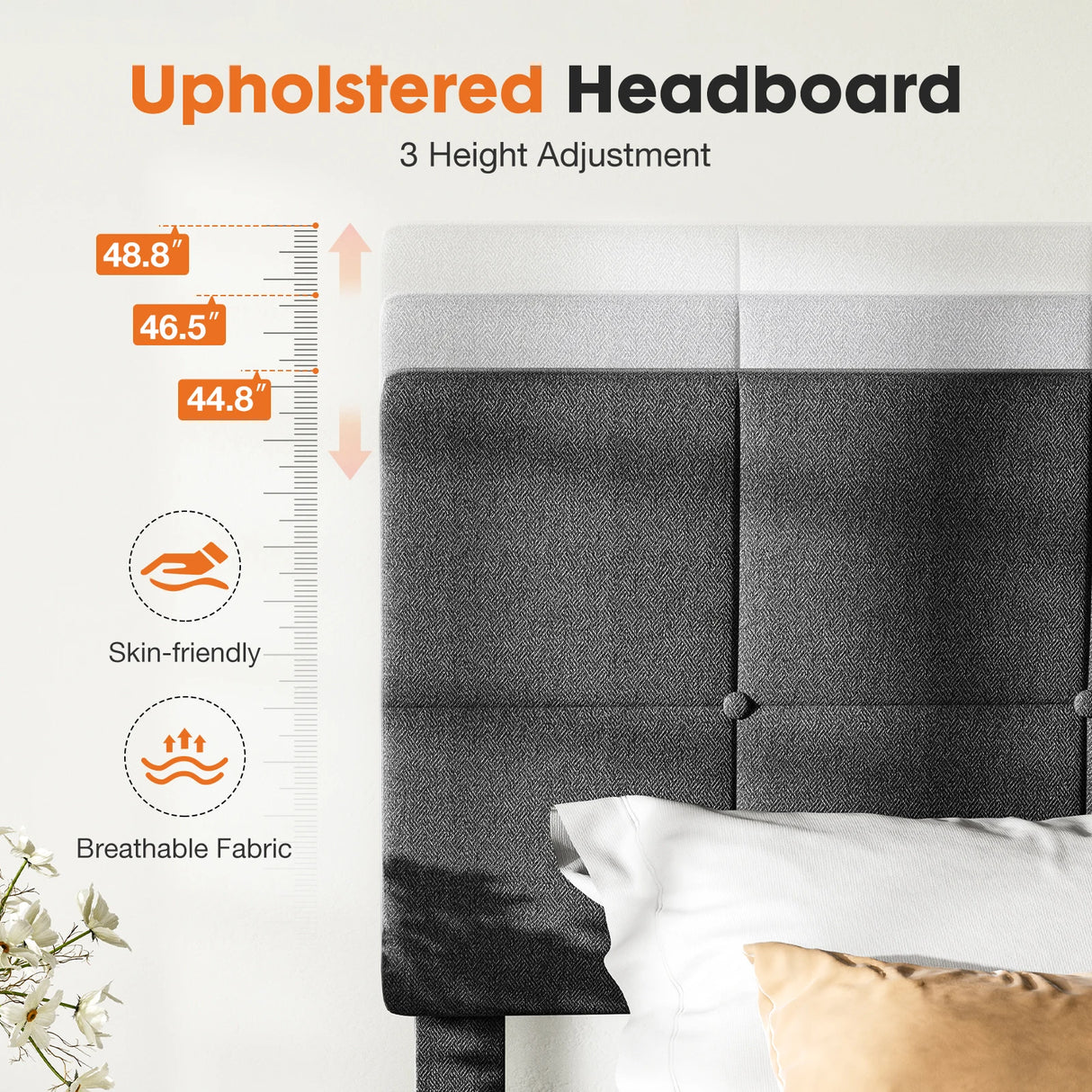 Queen & Full Bed Frame with Adjustable Headboard - Linen Upholstered Wooden Platform Bed Frame with Wood Slats