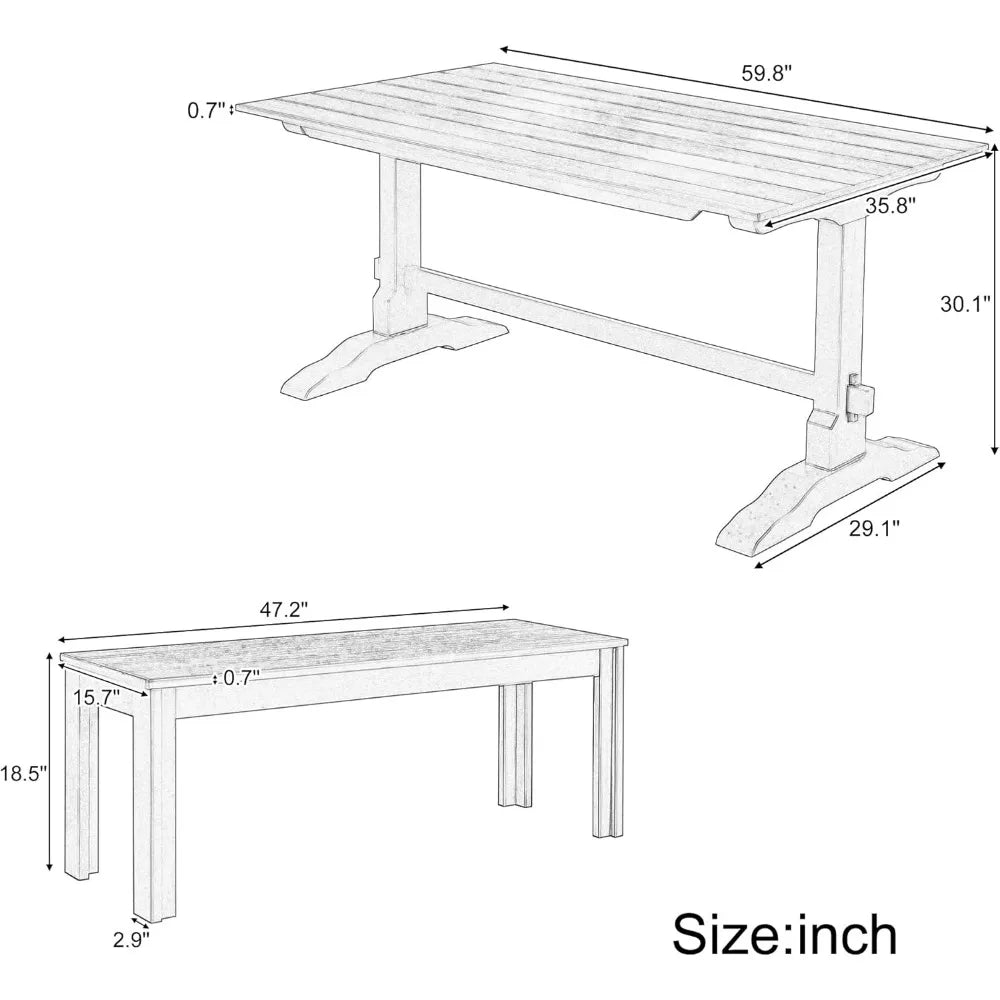 Dining Room Wood Table Set, 60'' Rectangular Trestle Table and 2 Benches