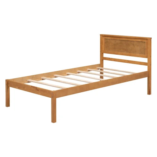 Twin Platform Bed Frame with Headboard & Wood Slat Support in Oak