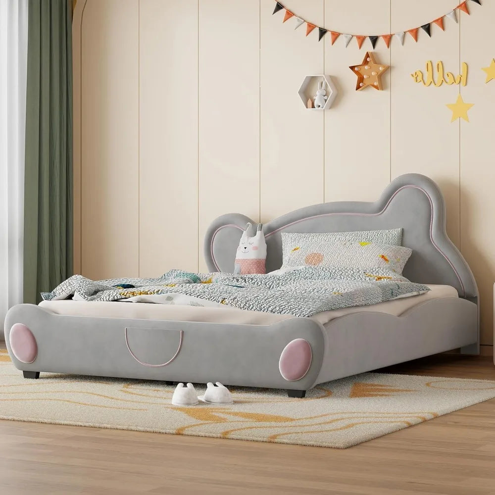 Bear Bed Bed for Kids - Velvet Platform Bed with Bear Shaped Headboard & Bed-End Pocket