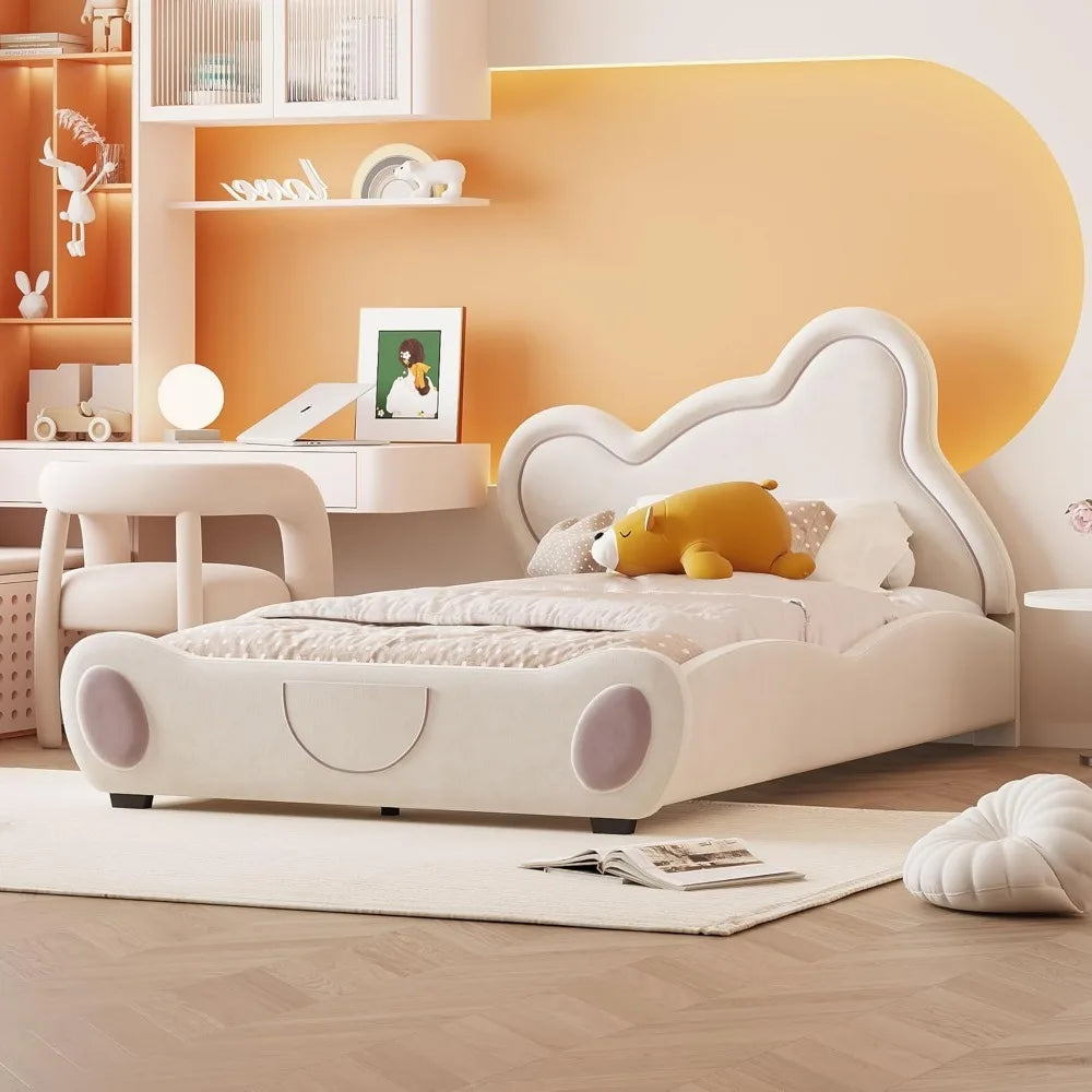 Bear Bed Bed for Kids - Velvet Platform Bed with Bear Shaped Headboard & Bed-End Pocket