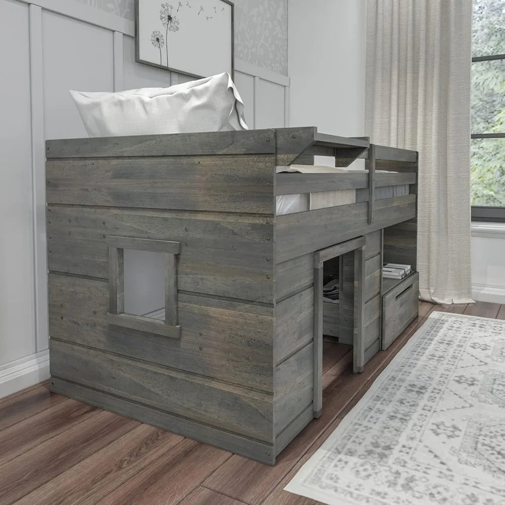 Twin Low Loft Bed with Storage Drawer and Ladder - Modern Farmhouse