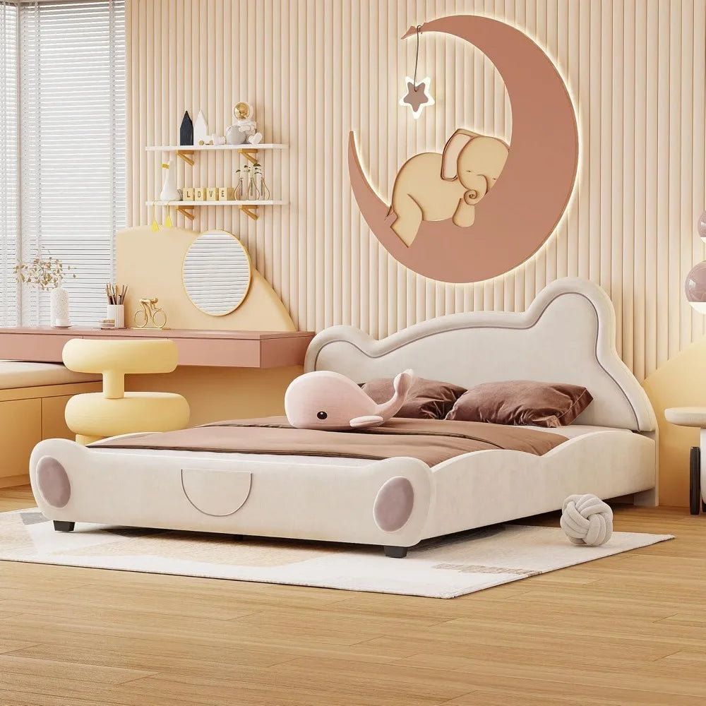 Bear Bed Bed for Kids - Velvet Platform Bed with Bear Shaped Headboard & Bed-End Pocket