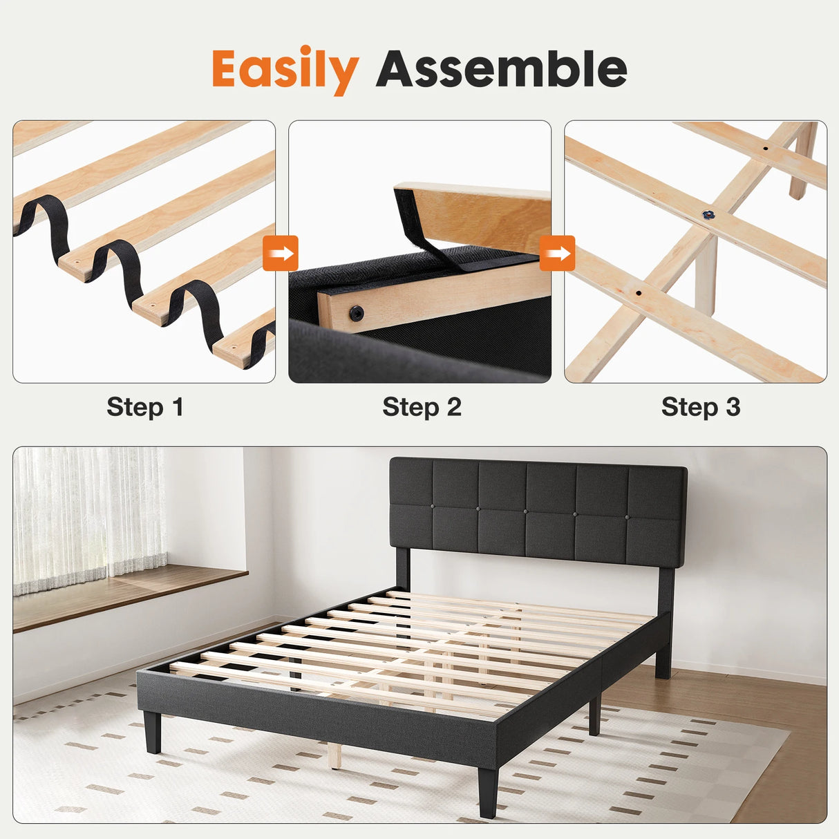 Queen & Full Bed Frame with Adjustable Headboard - Linen Upholstered Wooden Platform Bed Frame with Wood Slats