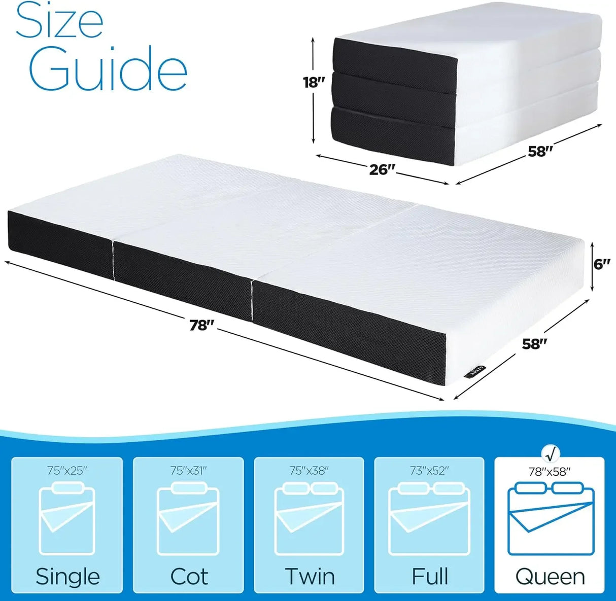 Tri-Folding Memory Foam Mattress with Washable Cover - 6 Inch size guide
