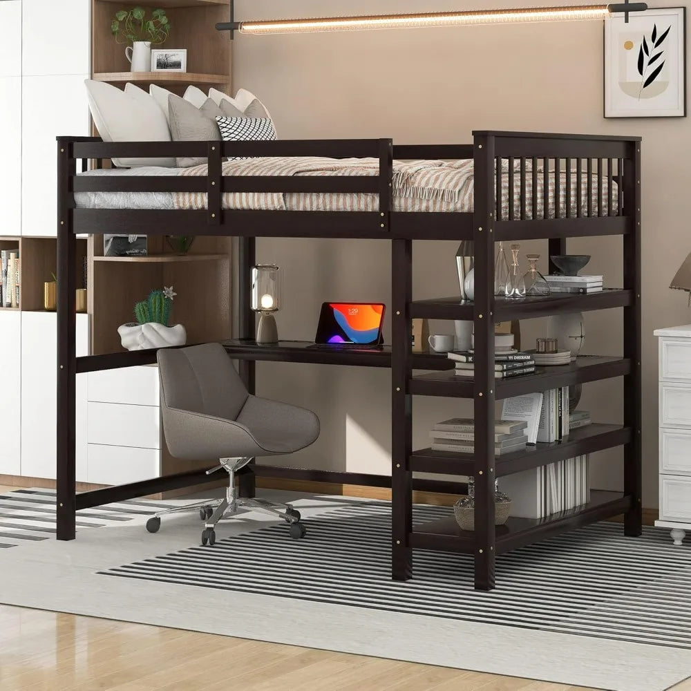 Twin Size Loft Bed with Desk and Shelves in Espresso