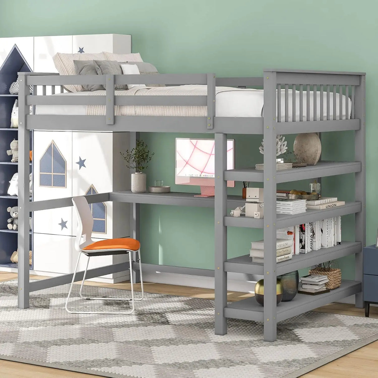Twin Size Loft Bed with Desk and Shelves grey