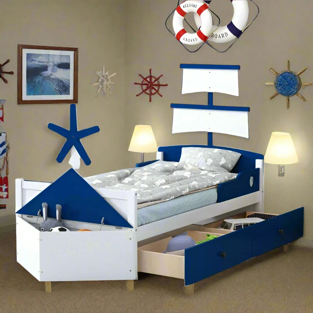Twin Size Nautical Boat Platform Bed with 2 Storage Drawers