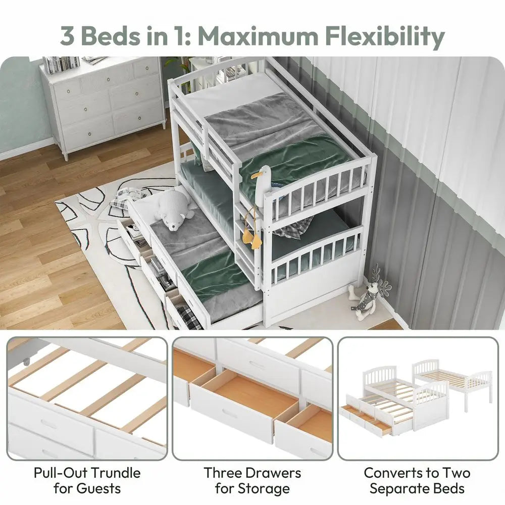 Twin over twin bunk bed converts to a trundle bed, storage drawers, and two separate beds