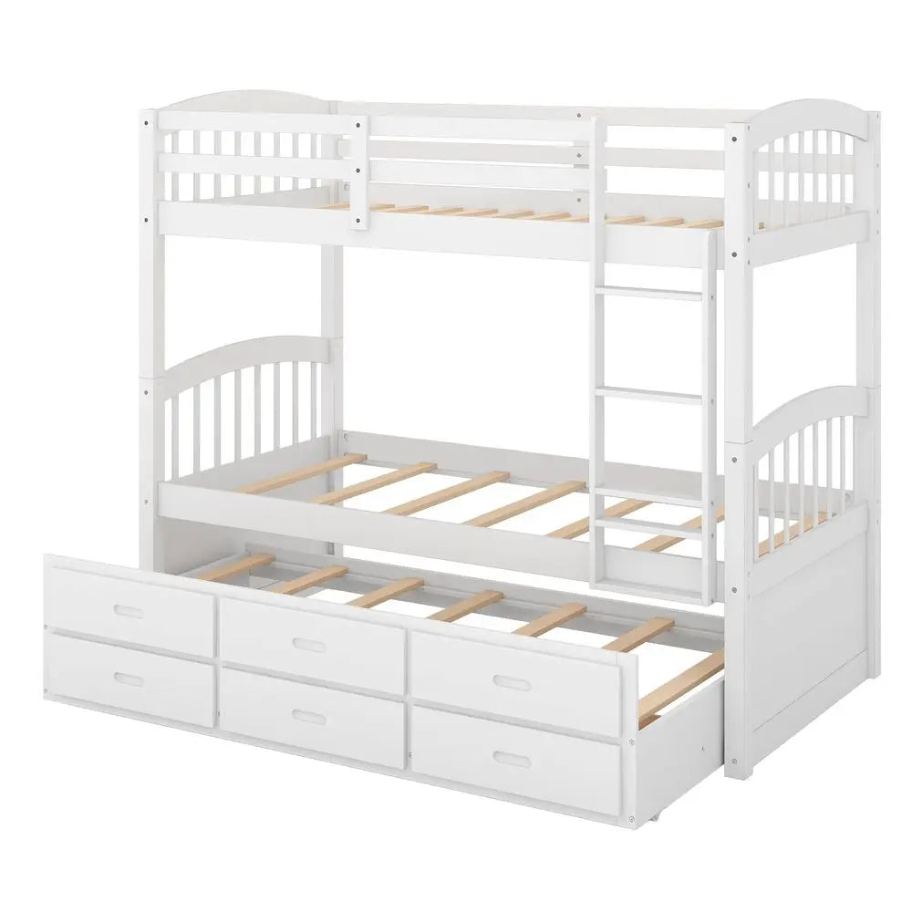 White wood twin over twin bunk bed with trundle and open storage drawers