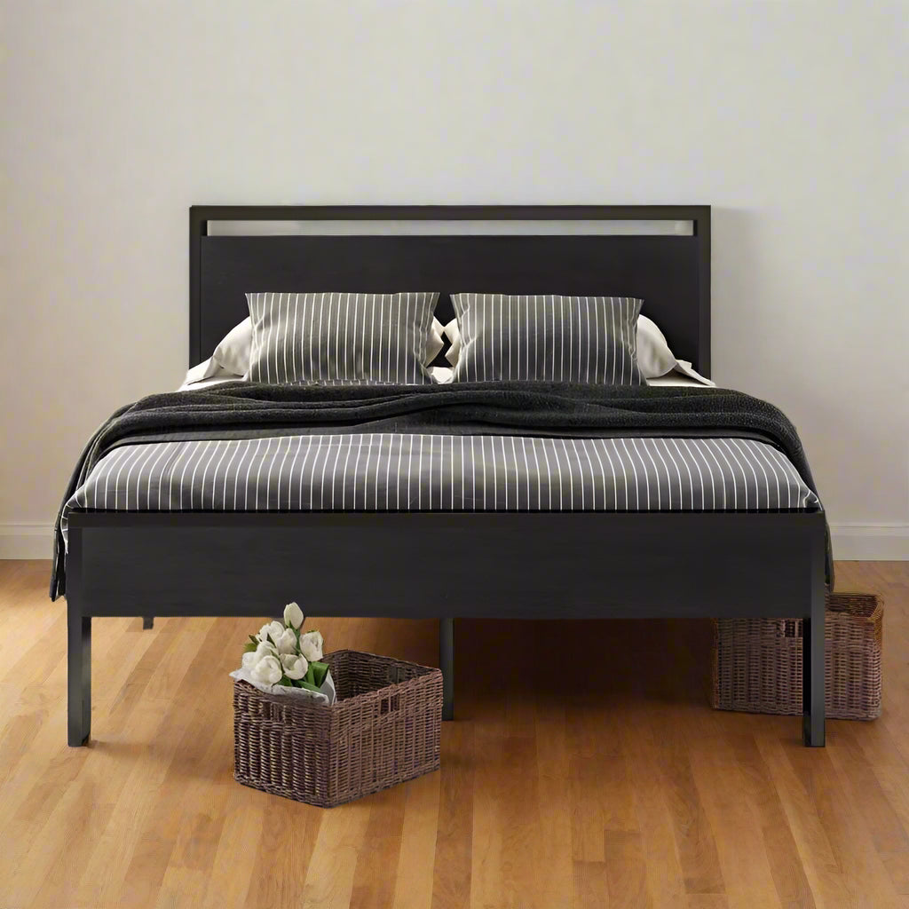 14 Inch Queen Size Metal Platform Bed Frame with Wooden Headboard and Footboard