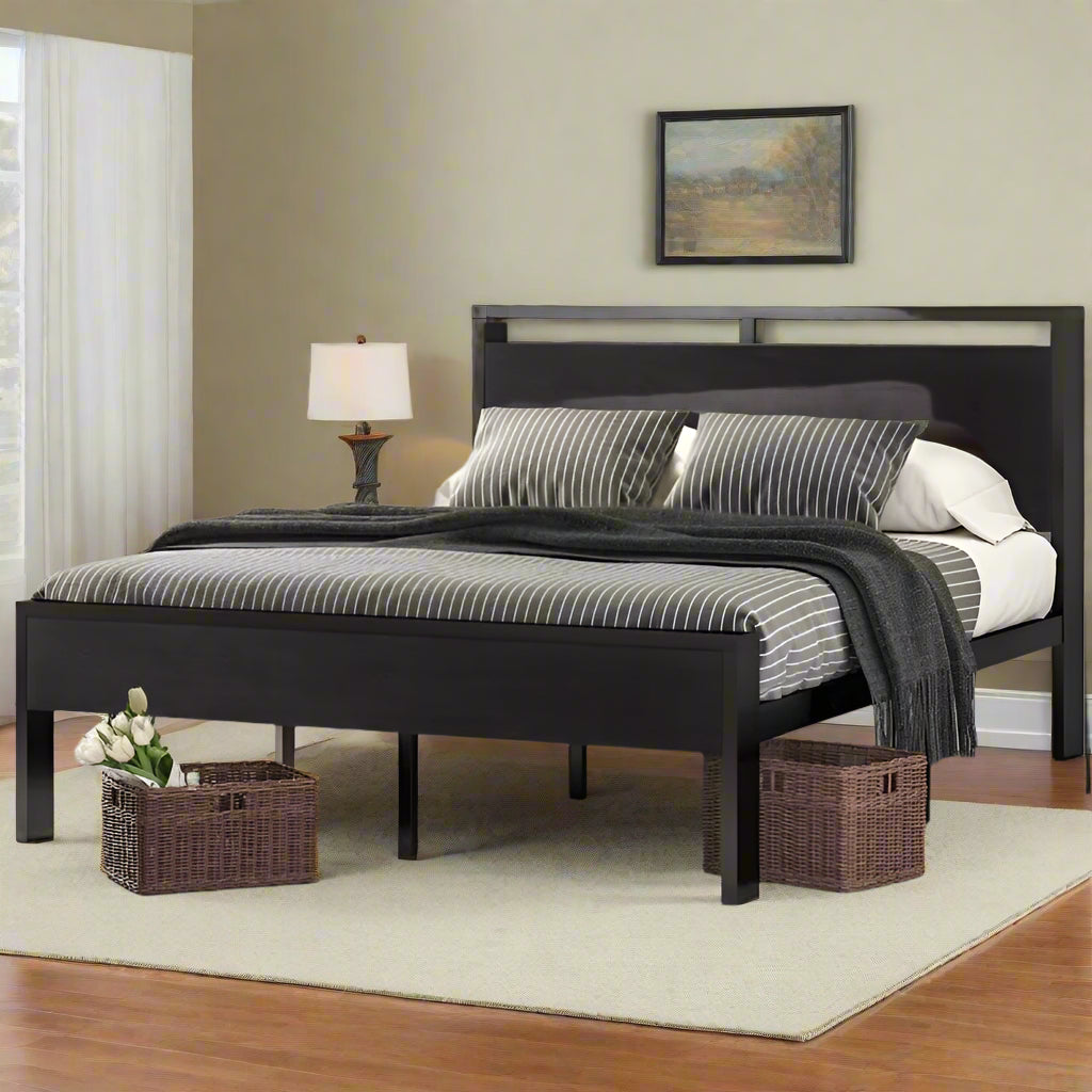 14 Inch Queen Size Metal Platform Bed Frame with Wooden Headboard and Footboard side view