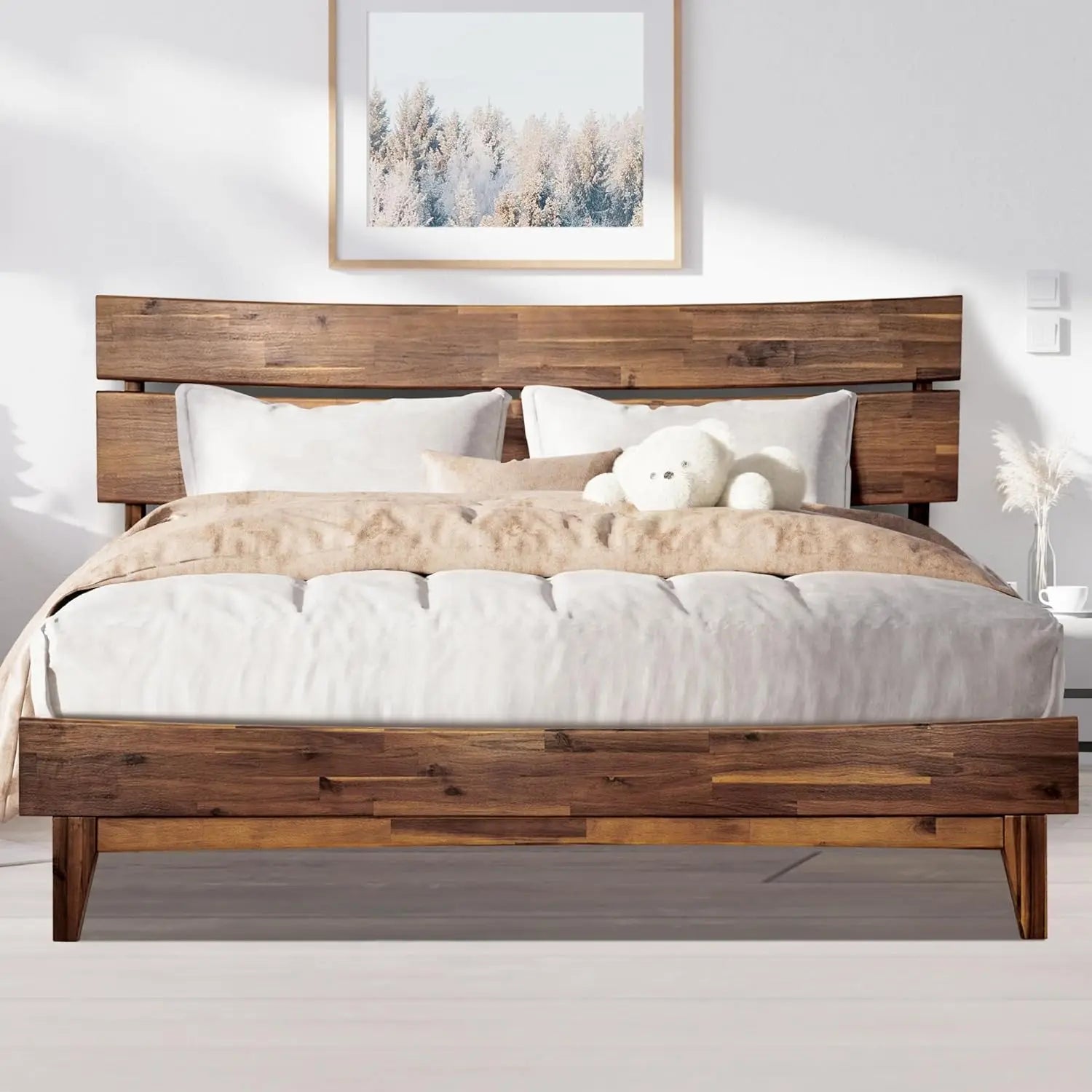Acacia Aurora King Wooden Bed Frame with Headboard - Platform Bed with Wood Slat Support