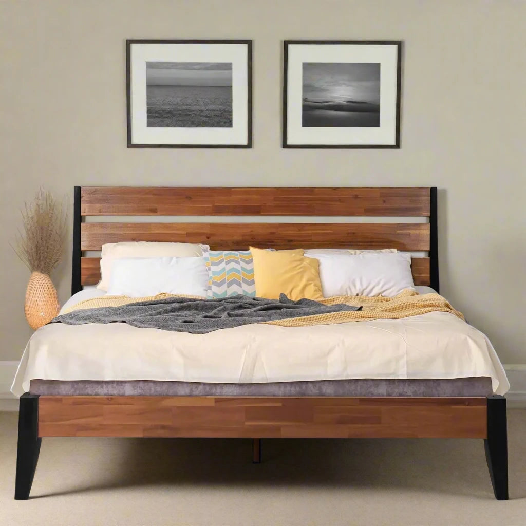 Acacia Emery Wood Queen Platform Bed Frame with Headboard Platform Bed with bedding