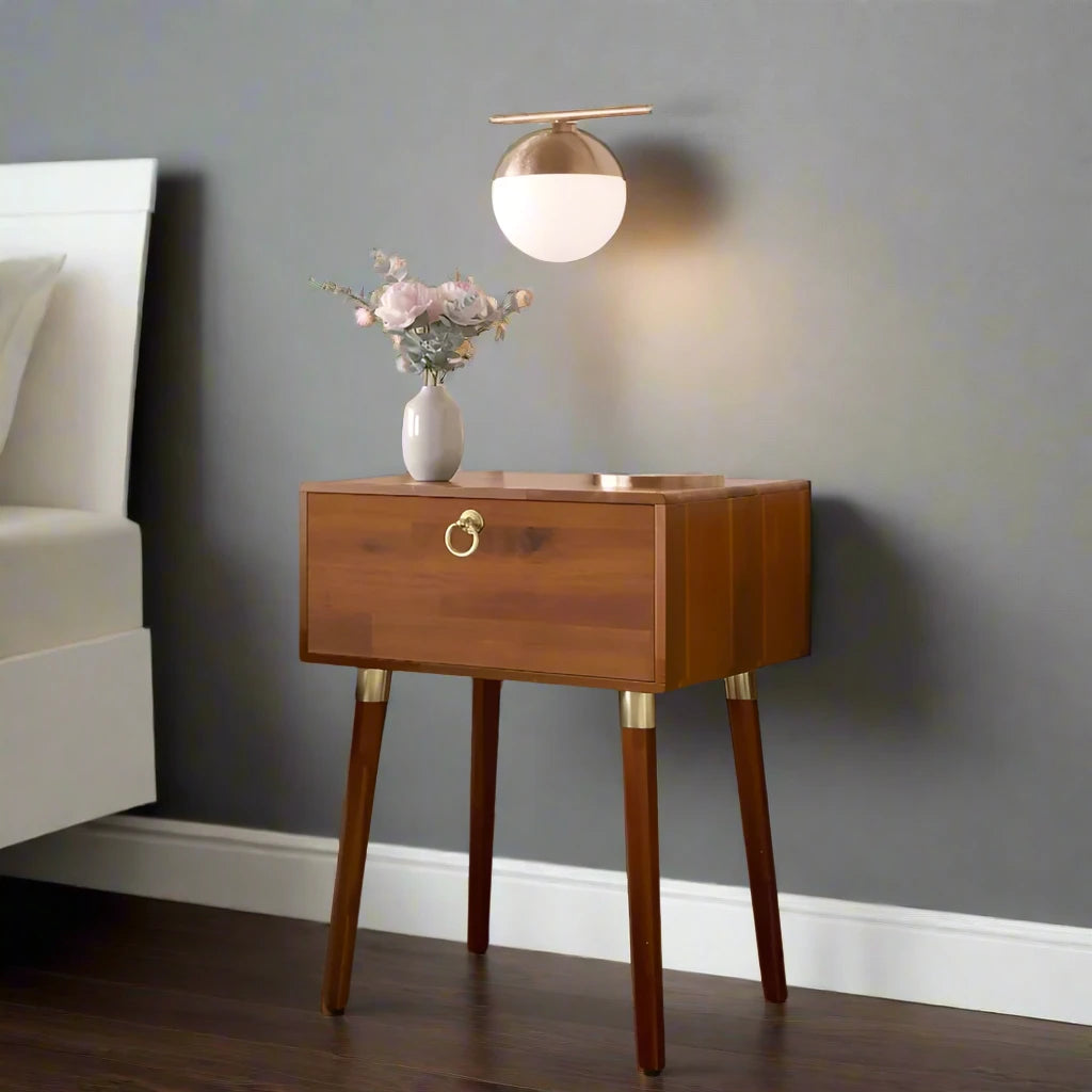 Alden Solid Wood Nightstand Table with 1-Drawer - Mid Century