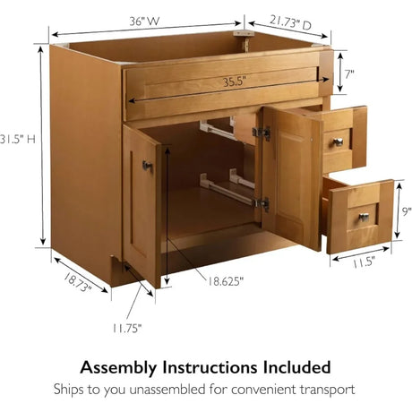Bathroom Vanity Cabinet. Dimensions: 36 inches W x 21.73 inches D x 31.5 inches H in. Comes in Modern Birch dimensions