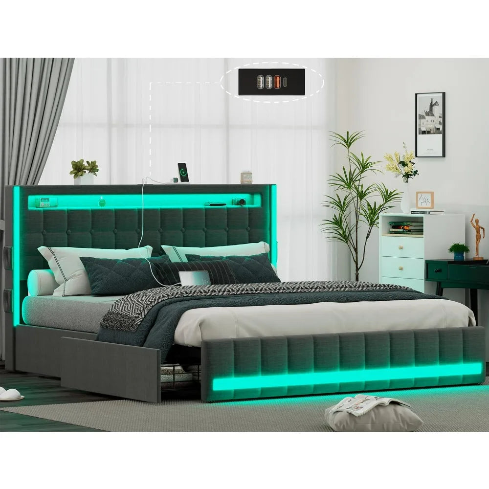 Bed Frame with 4 Storage Drawers, Charging Station, Adjustable Headboard, & LED Lights in Full  & Queen Size Bed Frame