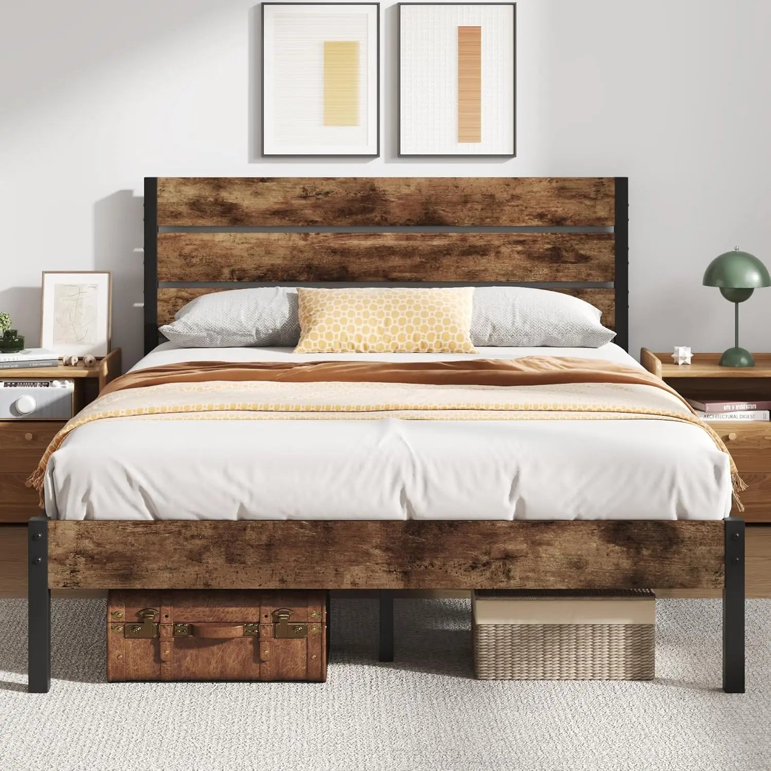 Bed Frame with Wooden Headboard and Footboard - 14 Inch Metal Platform Bed in queen full and twin