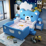 Children's Teddy Bear Bed Solid Wood - Blue Full Size Bed With Guardrail