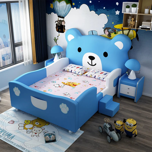 Children s Teddy Bear Bed Solid Wood Blue Full Size Bed With Guardra Dreamy Furniture