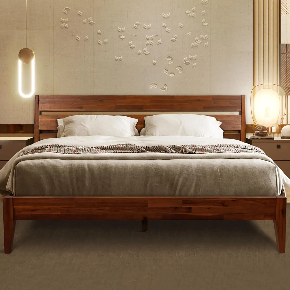 Emery Ca King Wood Bed Frame with Headboard - Solid Wood Platform Bed,