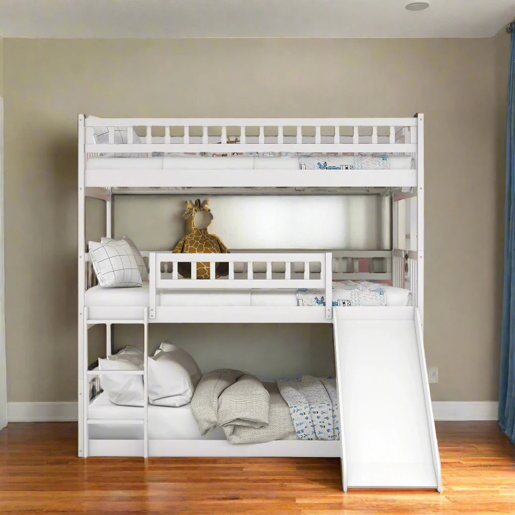 Full-Over-Full-Over-Full Triple Bunk Bed with Ladder, Slide white