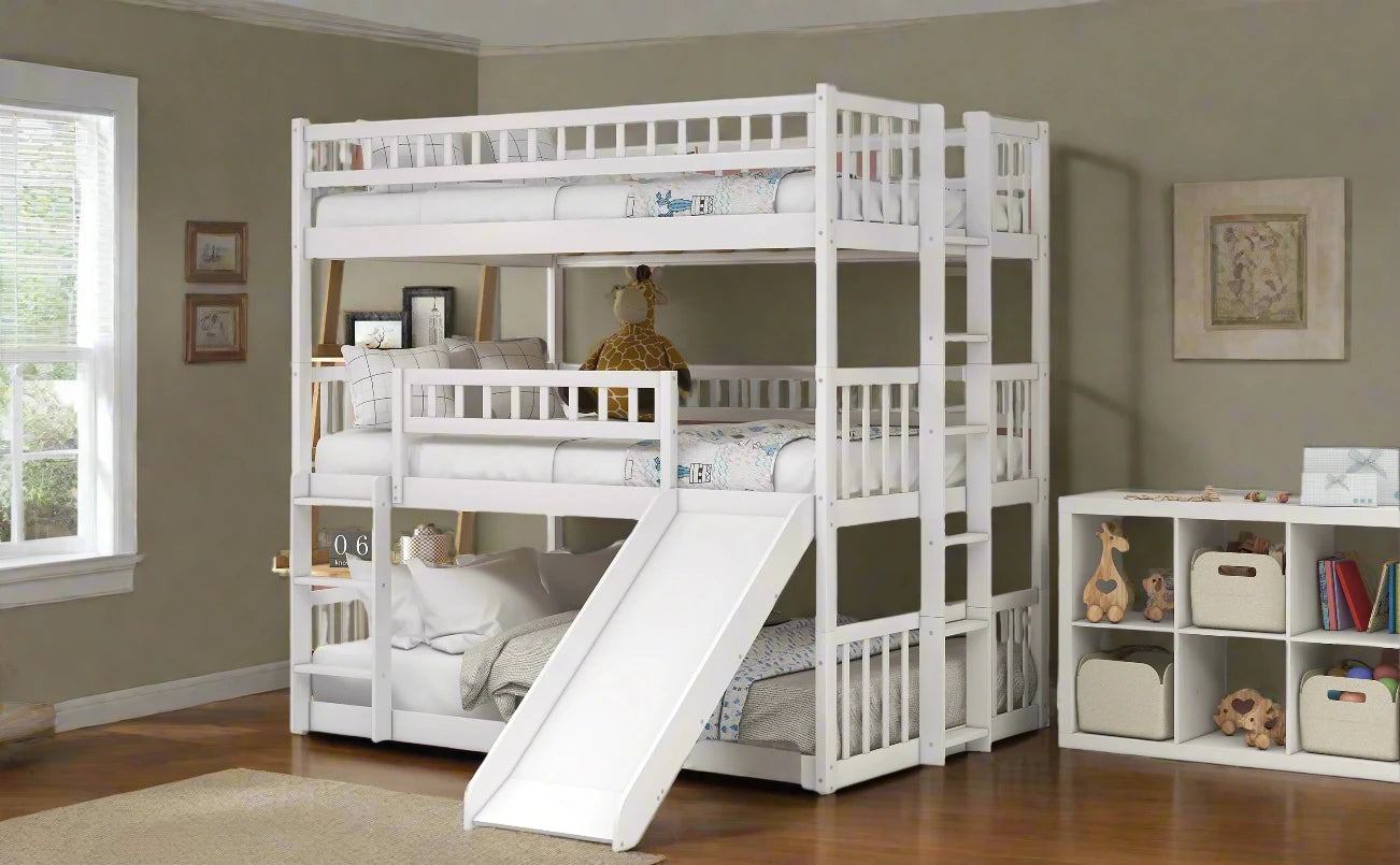 Full-Over-Full-Over-Full Triple Bunk Bed with Ladder, Slide white slide