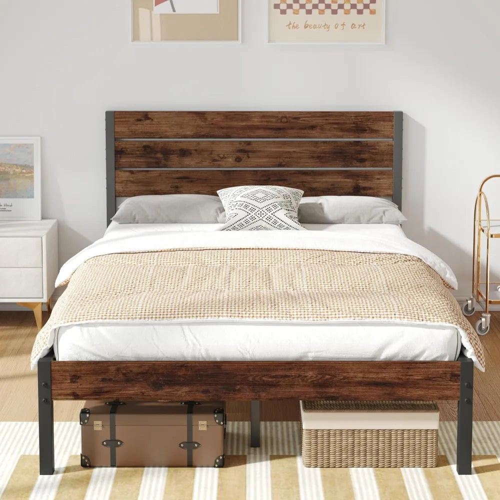 Full Bed Frame with Headboard & Footboard Metal Frame - Grey and Brown