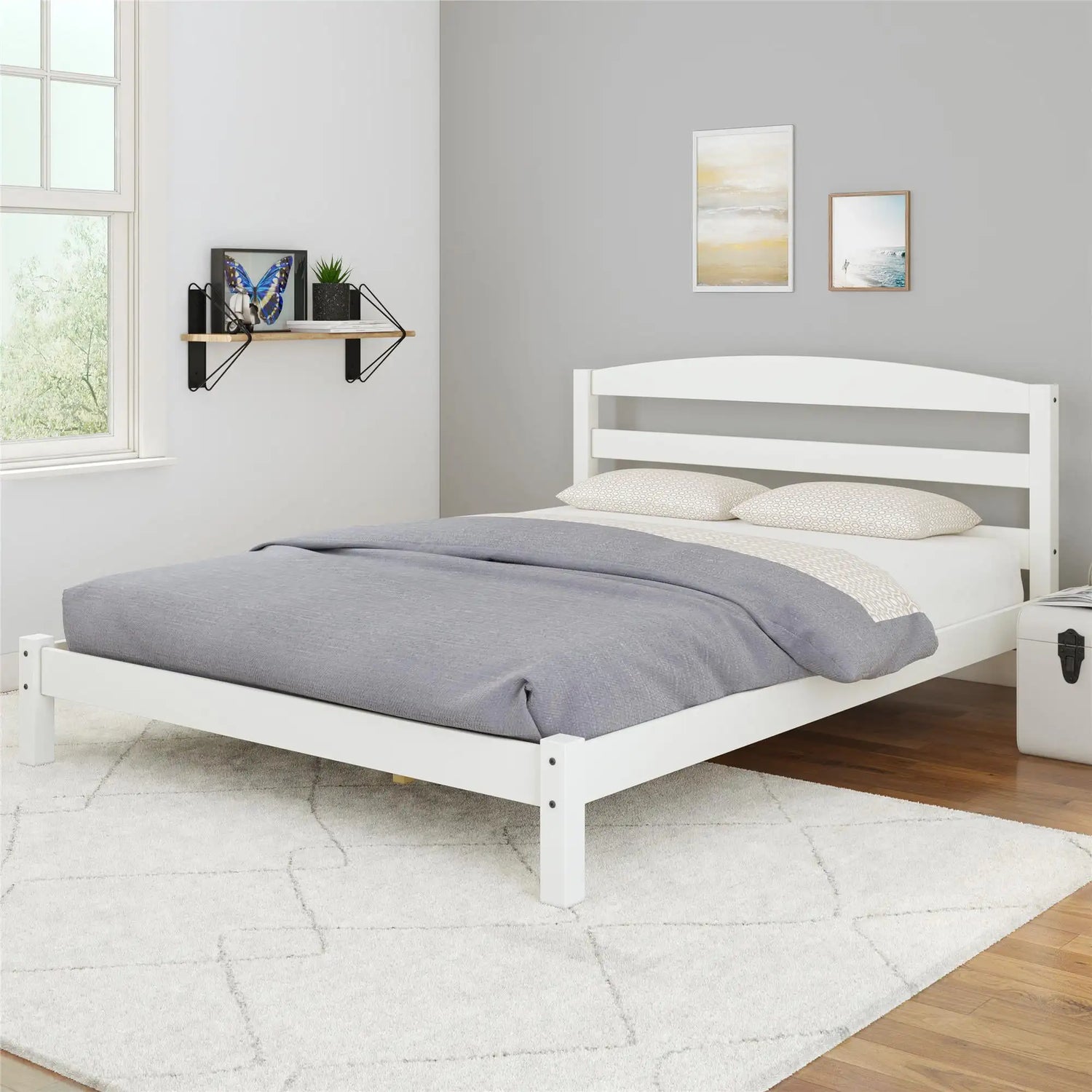 Full Platform Bed Frame With Headboard and Slats in White