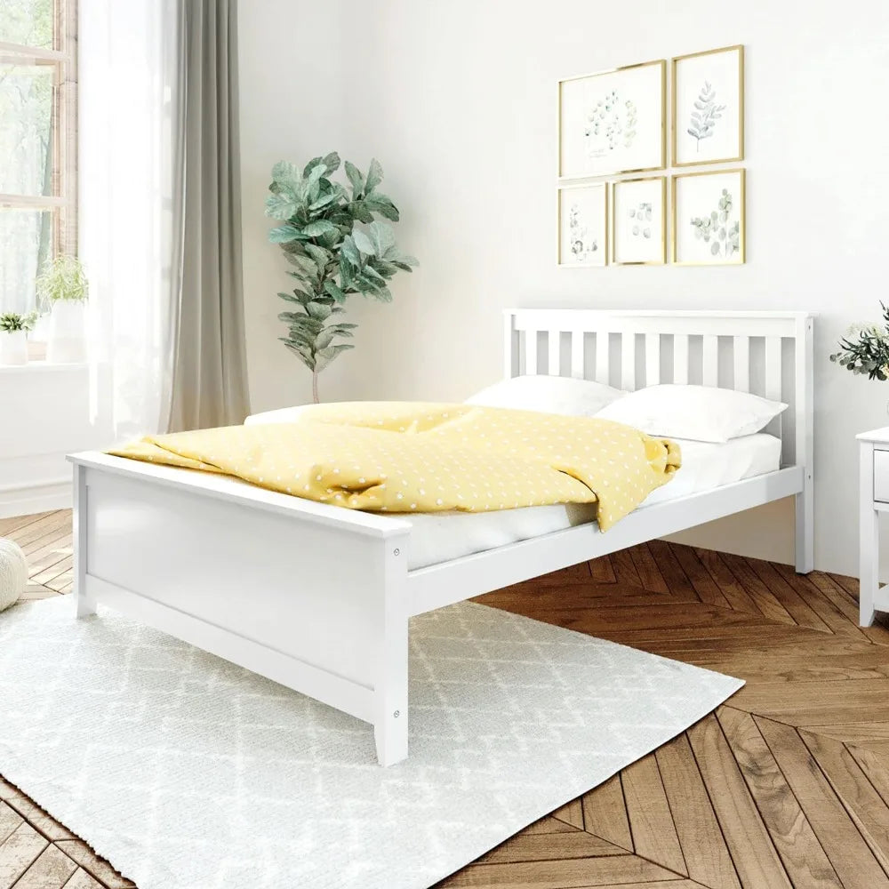 Full Size Bed Frame with Slatted Headboard in White