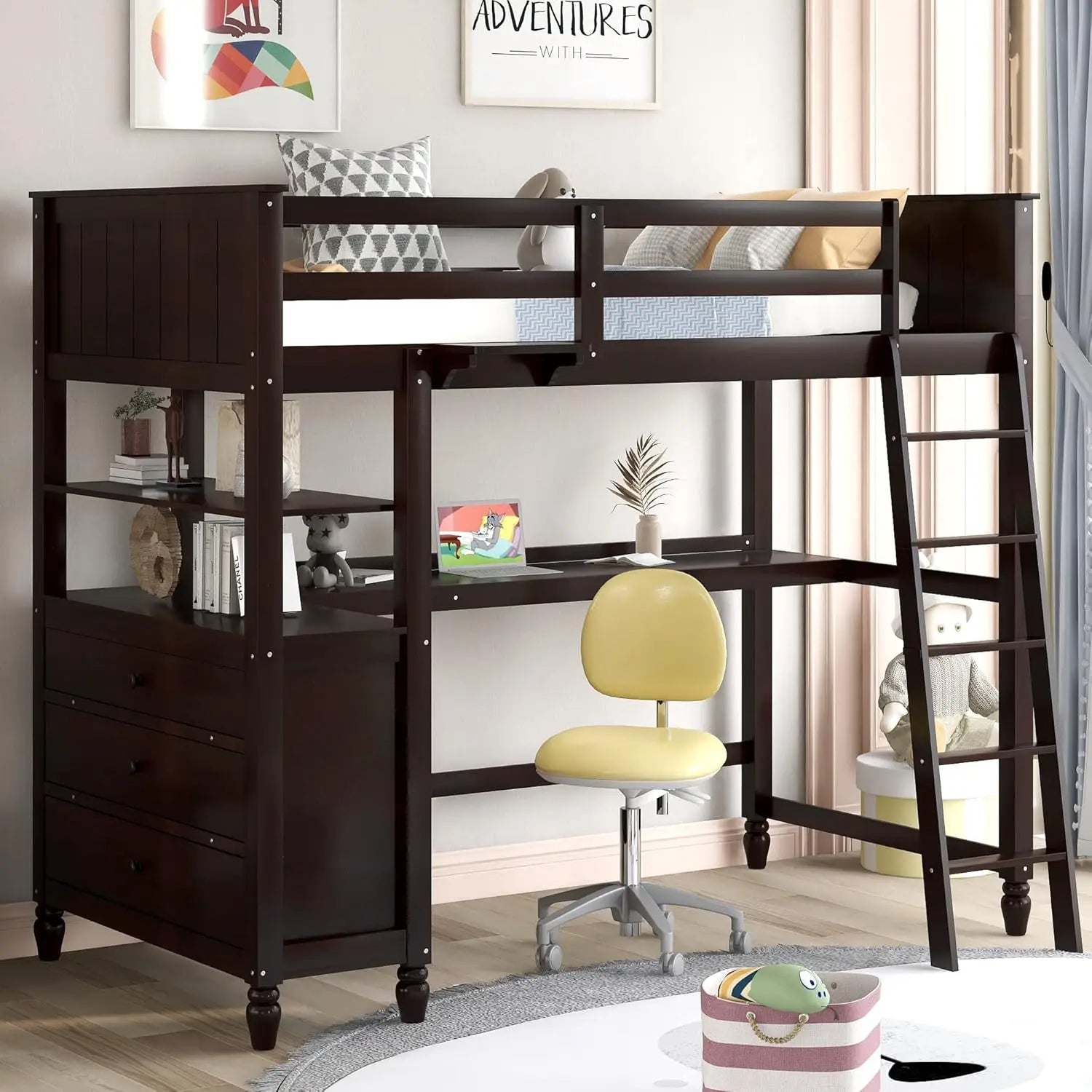 Loft Bed with Desk and Storage Drawers and Shelves Espresso