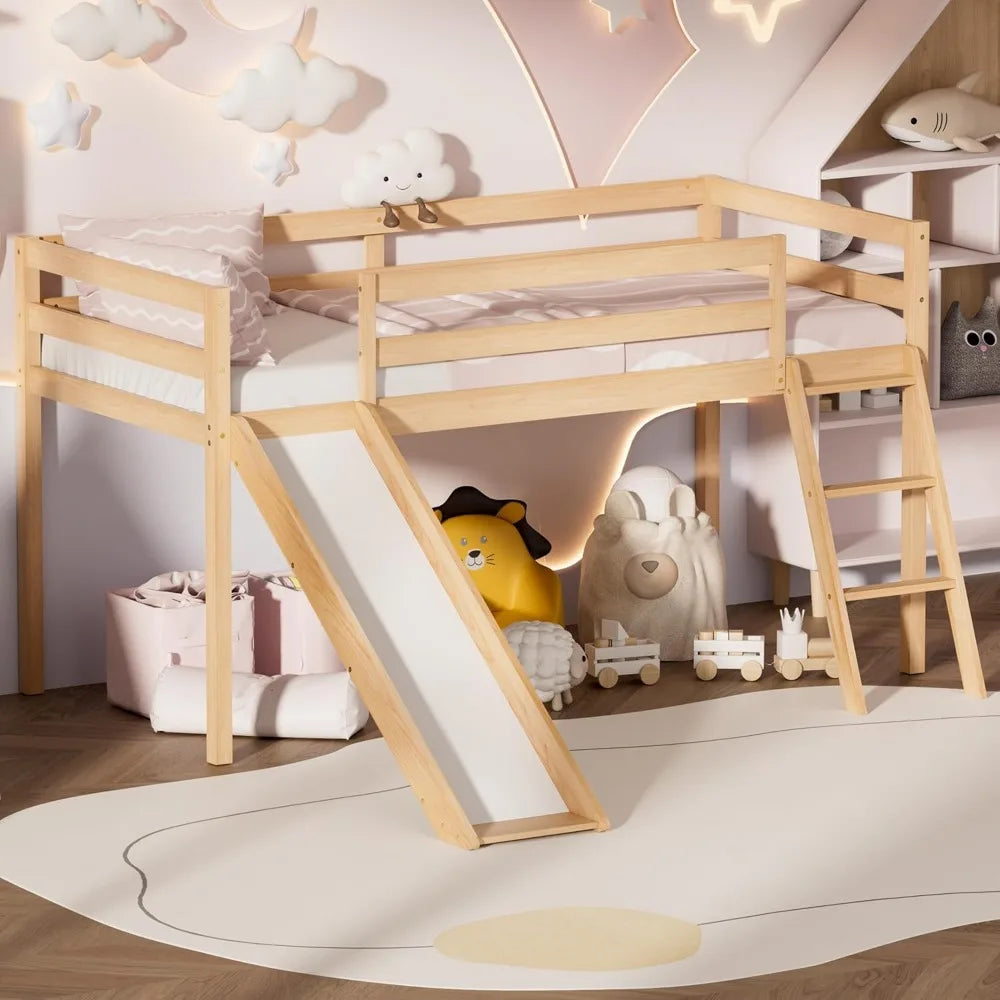 Low Twin Loft Bed with Slide, Climbing Ladder & Storage Space natural