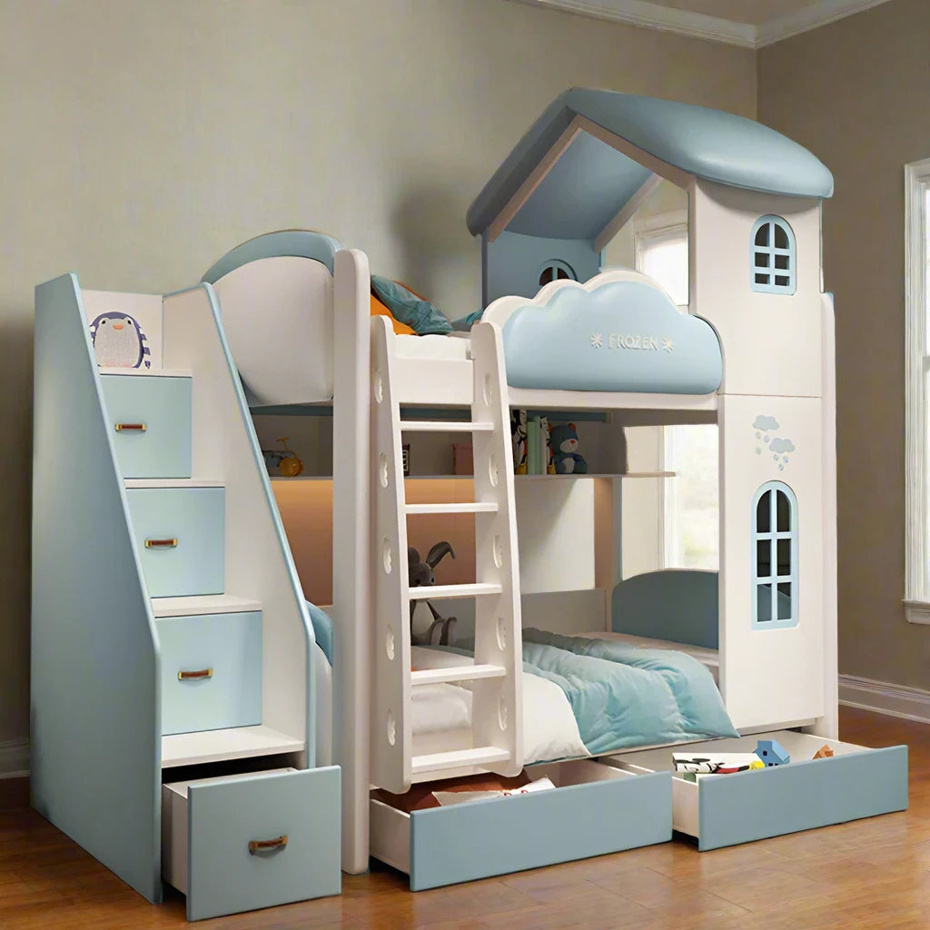 Luxury Children Bunk Beds Princess with Storage & Loft blue and white