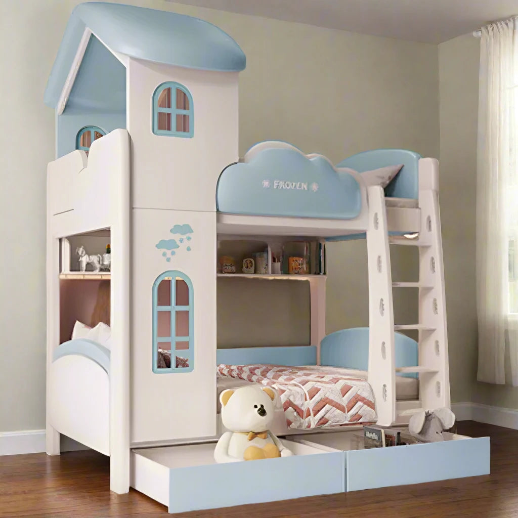 Luxury Children Bunk Beds Princess with Storage & Loft blue and white in room