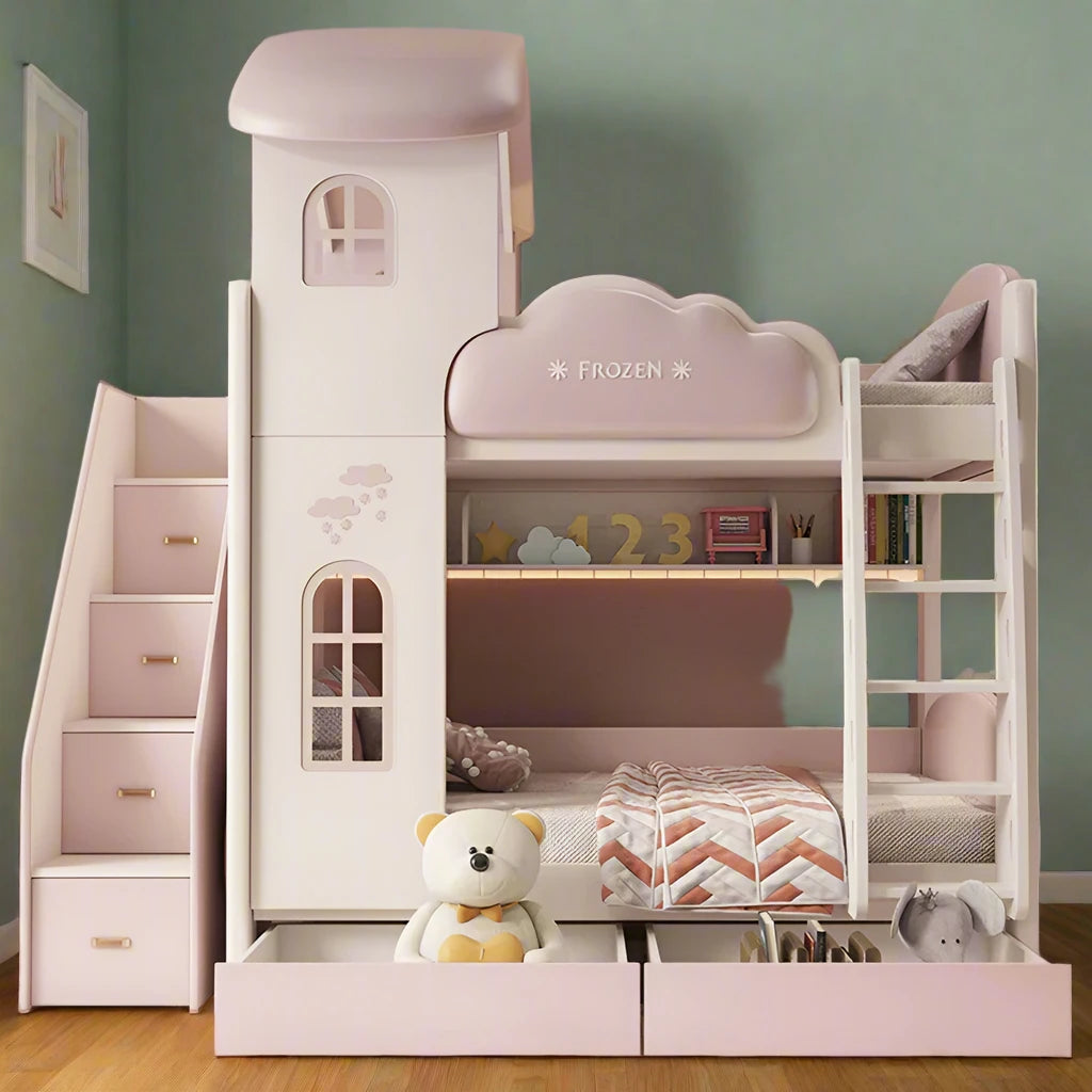 Luxury Children Bunk Beds Princess with Storage & Loft pink and white
