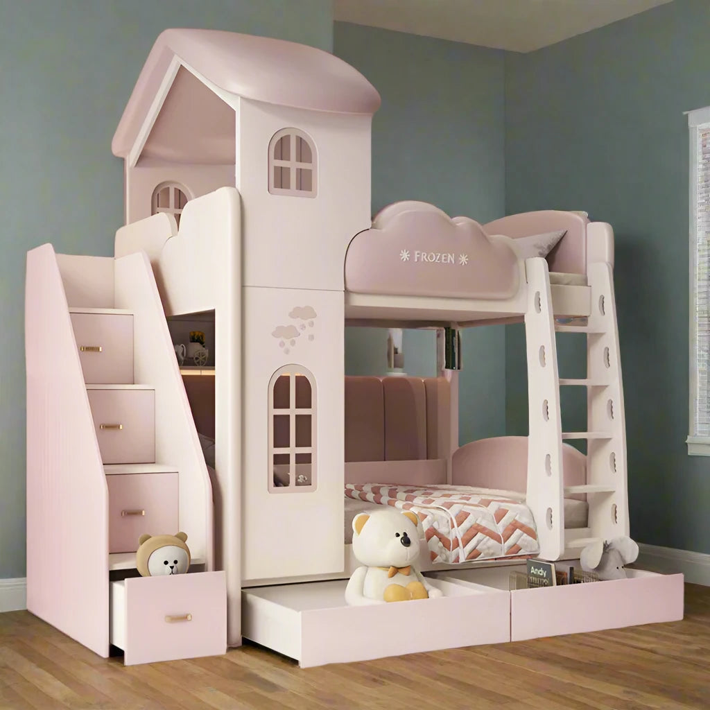 Luxury Children Bunk Beds Princess with Storage & Loft pink and white in room