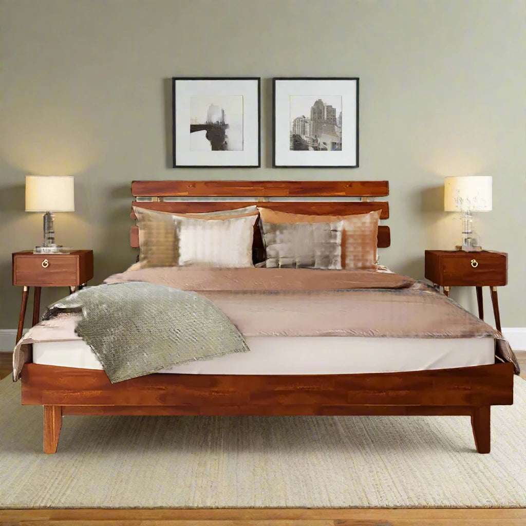 Mid Century Adjustable Headboard with Bed Frame and 2 Nighstands