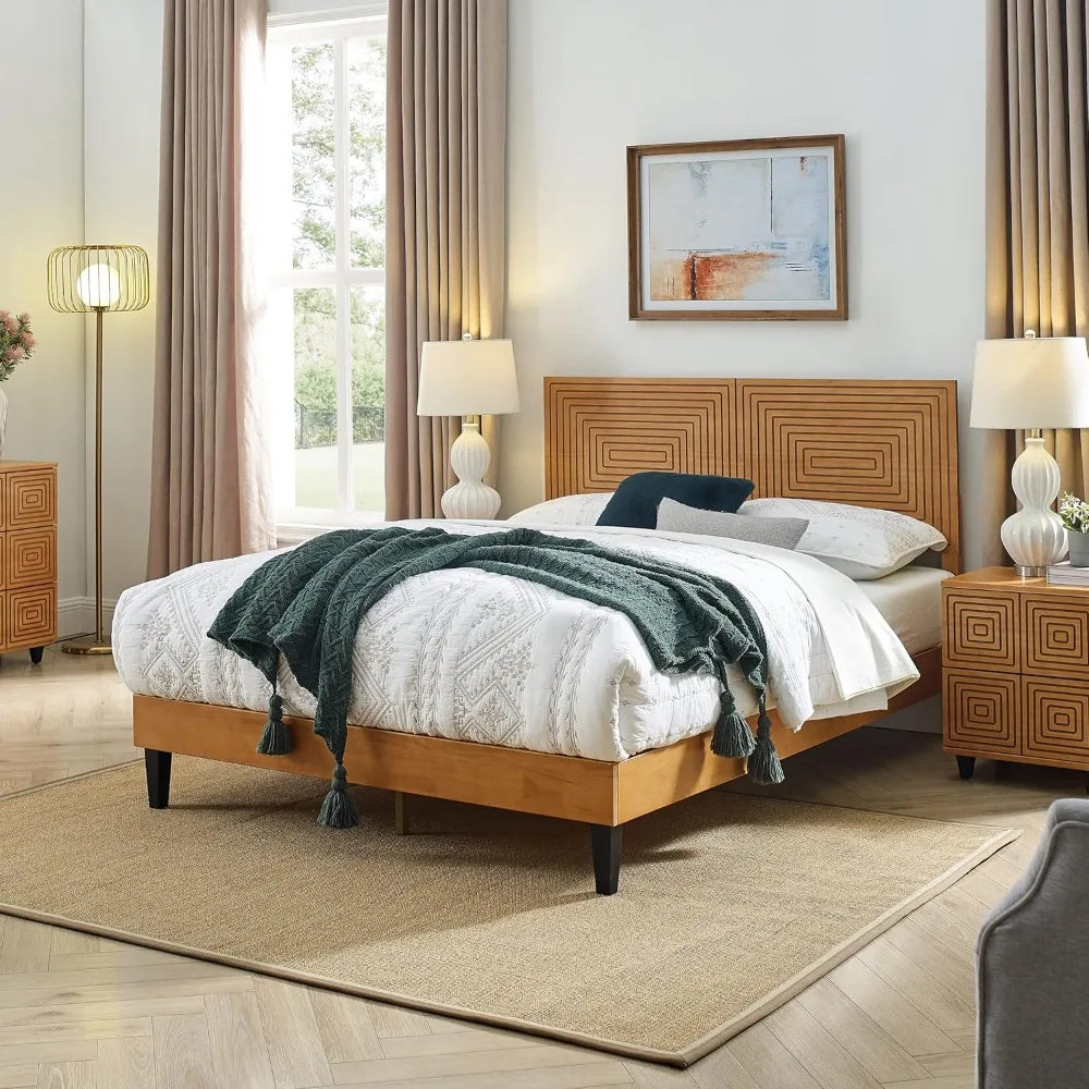 Mid Century Modern Solid Wood Platform Bed Frame with Adjustable Height Headboard and Wood Slat Support 