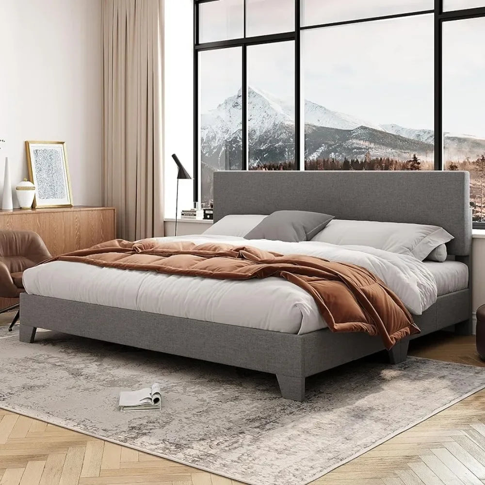Platform Bed Frame With Adjustable Upholstered Headboard in King, Queen, Or Full Size Bed Frame