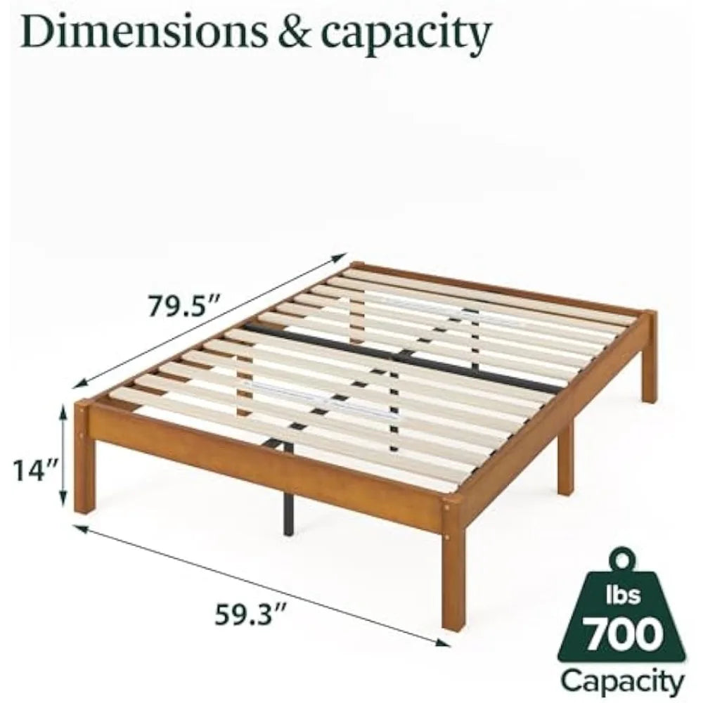 Queen 14 Inch Bamboo Platform Bed Frame, Wood Slat Support, Dimensions