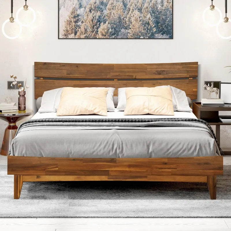 Queen Bed Frame and Headboard - Solid Wood Platform Bed Caramel