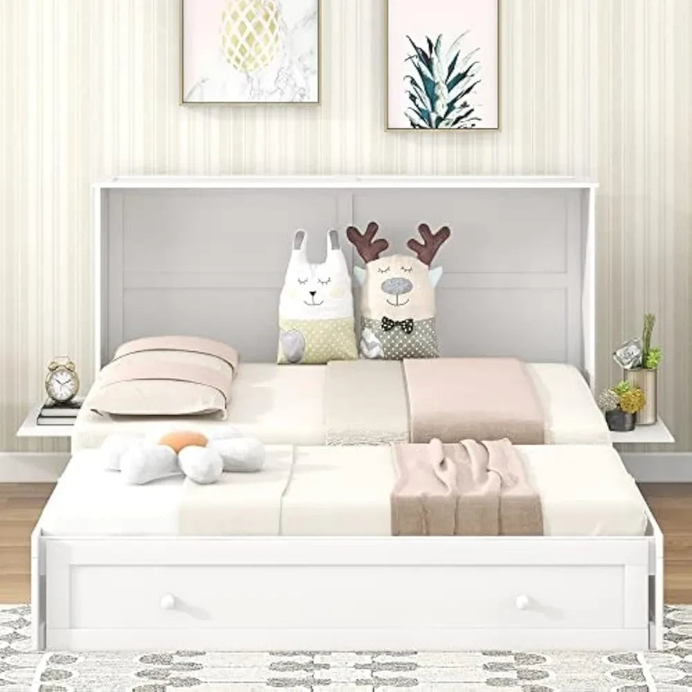 Queen Size Murphy Bed with Drawer and Shelves in White front