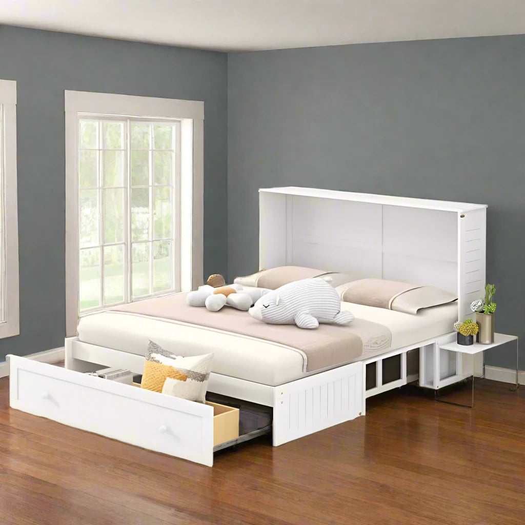 Queen Size Murphy Bed with Drawer and Shelves in White open